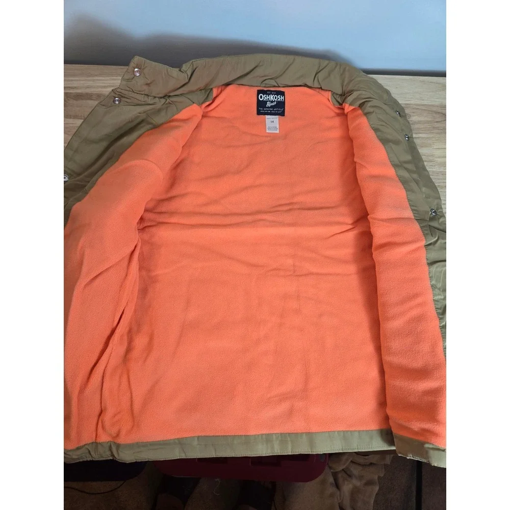 OshKosh Bgosh Boys Tan Khaki Puffer Vest Orange Fleece Lined Size 14 NWT